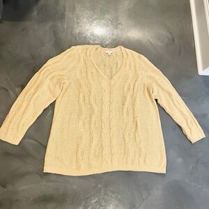 J Jill Cable Knit V-Neck Sweater Womens XL Butter Yellow Cotton Blend Pullover